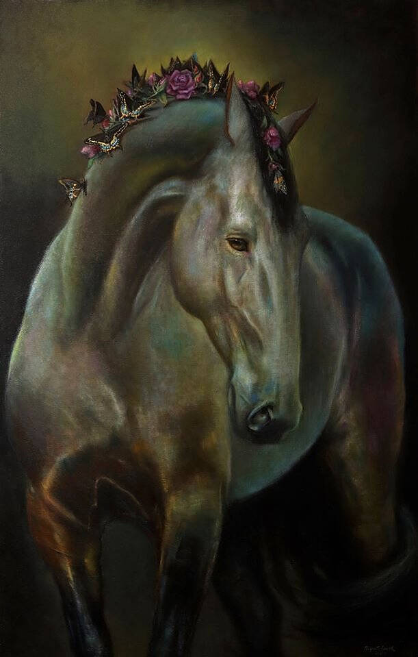 Painting of a horse with roses in its mane